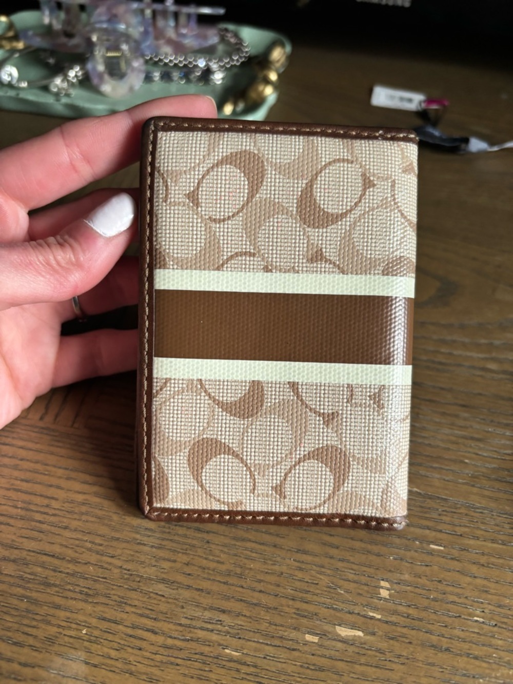 Coach Tan and Brown Signature Card Holder with Cream Stripes